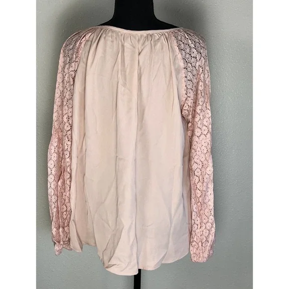 WOMEN'S SEXY ROUND TIE NECK LACE SLEEVES LOOSE BLOUSE COLOR PINK NWOT Size L - Picture 5 of 8